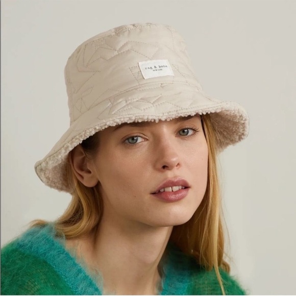 Rag & Bone Reversible Beige Sherpa and Quilted Nylon Addison Bucket Hat - Picture 2 of 13